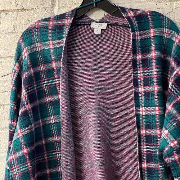 Crown & Ivy Open Front Cardigan Plaid Green & Pink Plaid Large - Picture 2 of 9